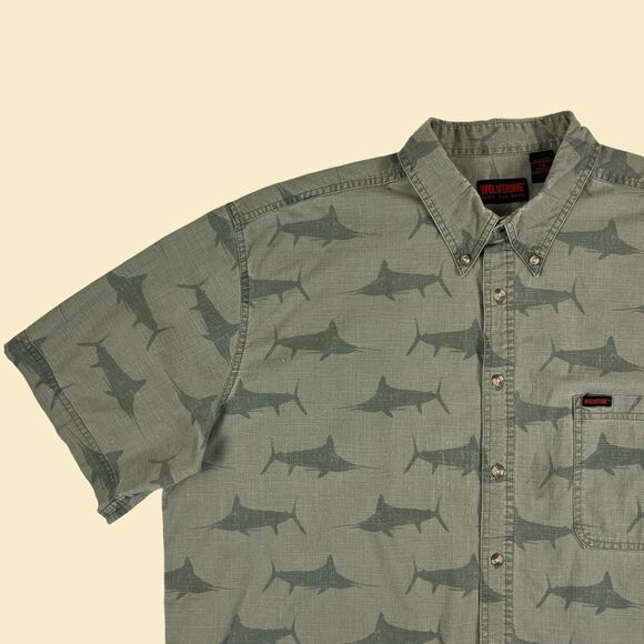 1990s Wolverine XXL swordfish shirt, short sleeve green vintage 90s fish top - Picture 6 of 8